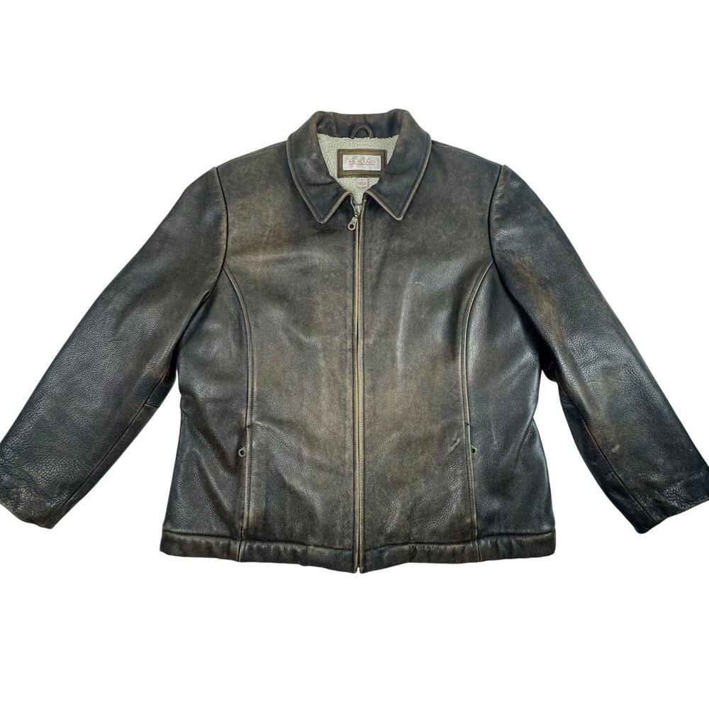 Vintage Distressed Leather Bomber Jacket Sherpa Lined Grunge Mens L